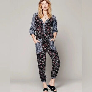 Free People Floral Print Jumpsuit - Black and Blue